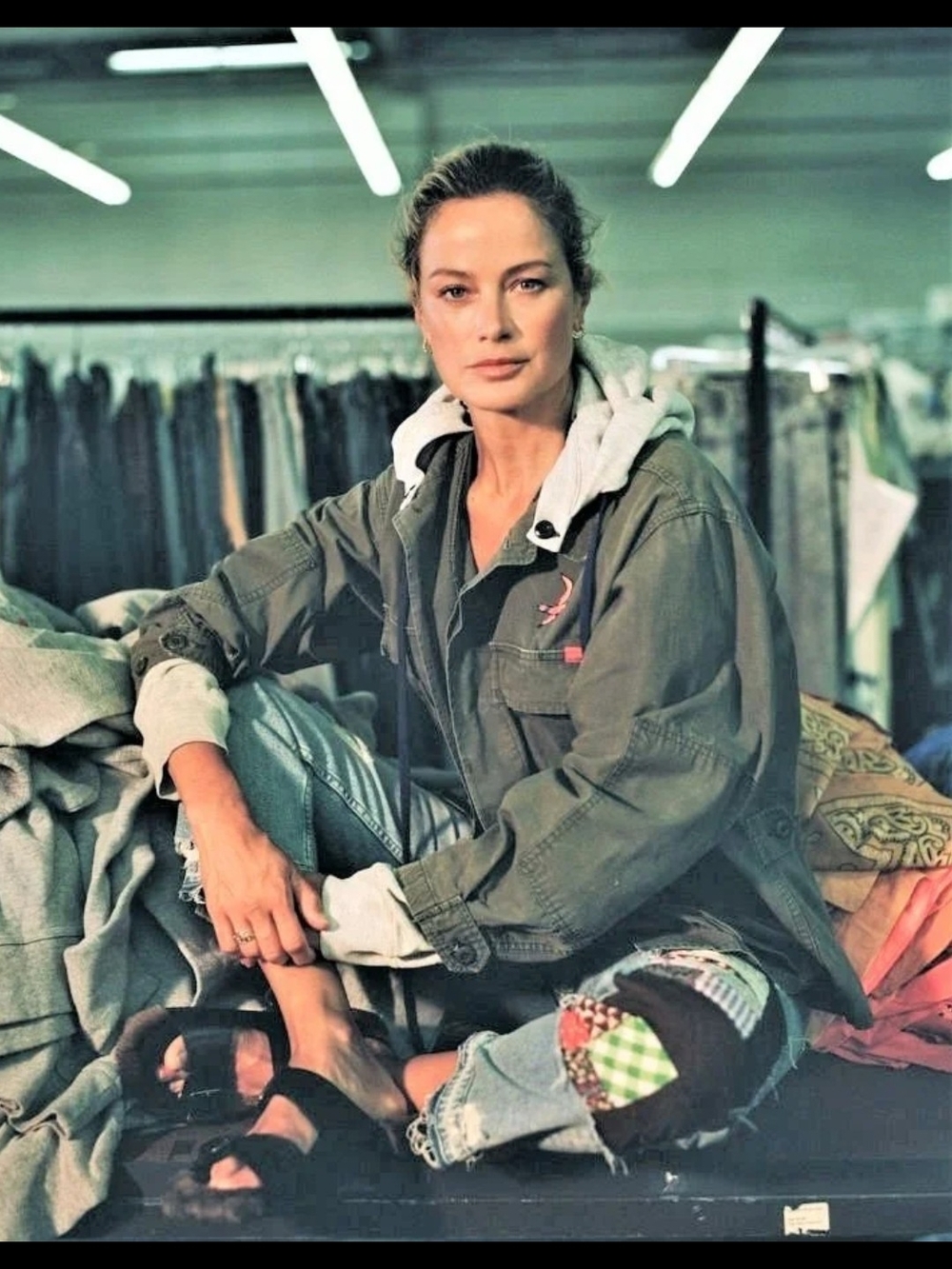 MOTHER Olive Green Hooded Utility Jacket with Contrast Gray Hood